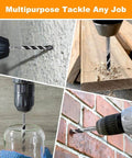 TITGGI 6-piece masonry drill bit set with carbide tips (1/4–1/2 in), showing drilling concrete, wood, brick, and glass.