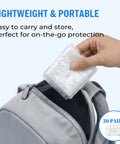 Hand placing Waterproof Shoe Covers For Rain And Indoor Outdoor Use Non Slip Boot Protectors into a backpack, showing 20 pairs.