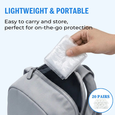 Hand placing Waterproof Shoe Covers For Rain And Indoor Outdoor Use Non Slip Boot Protectors into a backpack, showing 20 pairs.