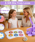 Lavender Purple Button Maker Machine With 30 Complete Pin Press Parts And Totally Rad DIY Badge Crafting Kit For Easy Peasy School Activities And Weekend Party Vibes, displayed on a table with badges and happy child.