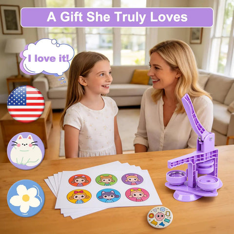 Lavender Purple Button Maker Machine With 30 Complete Pin Press Parts And Totally Rad DIY Badge Crafting Kit For Easy Peasy School Activities And Weekend Party Vibes, displayed on a table with badges and happy child.