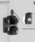 Heavy Duty Two Sided Gate Latch With Key Lock And Upgraded Spring Loaded Pull Cord For Quick Slick Operation On Outdoor Wooden Fences And Dang Sturdy Backyard Security mounted on a white fence.