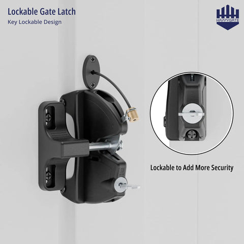 Heavy Duty Two Sided Gate Latch With Key Lock And Upgraded Spring Loaded Pull Cord For Quick Slick Operation On Outdoor Wooden Fences And Dang Sturdy Backyard Security mounted on a white fence.