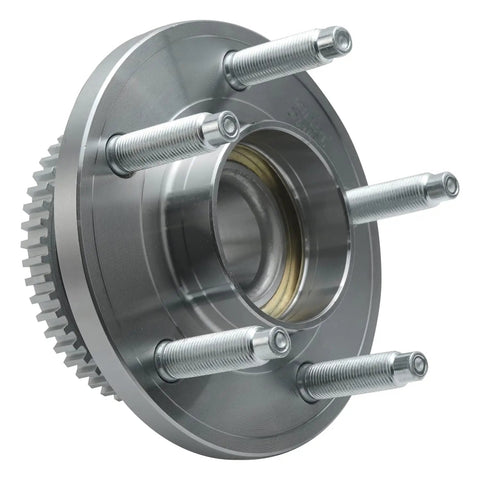 Two Piece Front Wheel Bearing Hub Assembly Replacement Fits 2005 Through 2014 Ford Mustang 5 Lug Setup showing precision ball bearings and tone ring.