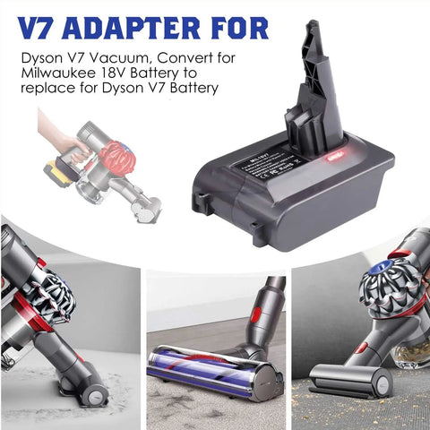 V7 Vacuum Adapter Kit For DeWalt 20V Battery To Plug And Play Dyson V7 Animal Absolute Motorhead Fluffy SV11 Cordless Stick Vacuum 100 Percent Compatible With All V7 Series Models shown with vacuum attachments and LED indicator.