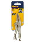 Locking Pliers Long Nose Four Inch 100mm With Wire Cutter For Precision Work, depicted in packaging on display, heavy duty steel.