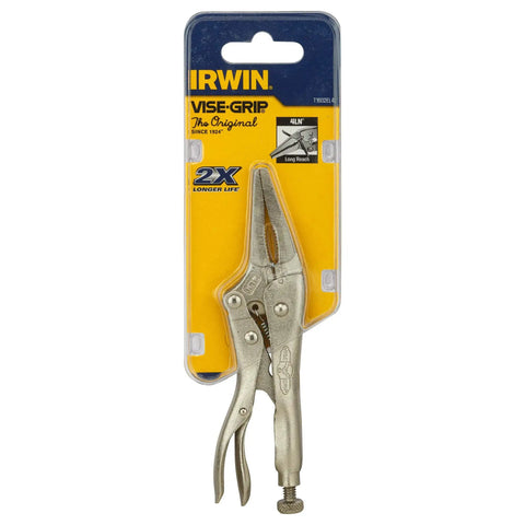 Locking Pliers Long Nose Four Inch 100mm With Wire Cutter For Precision Work, depicted in packaging on display, heavy duty steel.