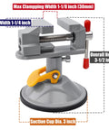 Mini Bench Vise With 360 Degree Swivel Suction Base Small Table Clamp Workbench Vise dimensions shown for jewelry making.