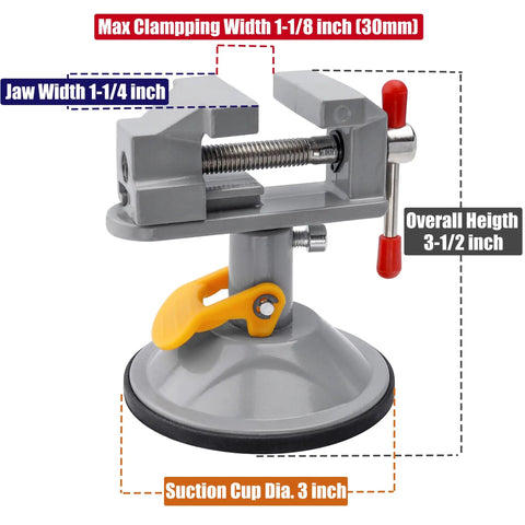 Mini Bench Vise With 360 Degree Swivel Suction Base Small Table Clamp Workbench Vise dimensions shown for jewelry making.