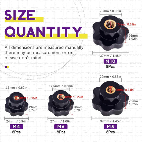 32Pcs Seven Star Through Hole Knob Set With M4 M6 M8 M10 Female Thread Clamping Knobs Grip Assortment Kit Black Plastic Screw On Hand Knobs For Mechanical Equipment.