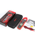 Digital Clamp Meter UT208B Inrush Current Mode True RMS 1000A AC DC Multimeter, box, case, and accessories visible