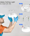 Person installing Upgraded 8000mAh Rechargeable Ceiling Light With Remote Wireless Motion Sensor LED Fixture for shower bathroom.