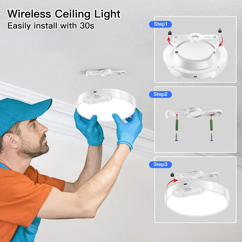 Person installing Upgraded 8000mAh Rechargeable Ceiling Light With Remote Wireless Motion Sensor LED Fixture for shower bathroom.