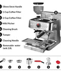 Slick Semi Automatic Espresso Brewer With Built In Grinder And Milk Frother delivers 20 Bar pressure, removable water tank, and accessories.
