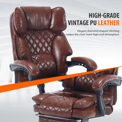 Big Tall Reclining Executive Office Chair With Footrest, heavy duty ergonomic desk chair with lumbar support, brown leather
