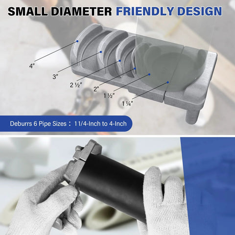 Front view of Amazon deburring tool for PVC pipe with six sizes 1-1/4 to 4 in, sharp blade.