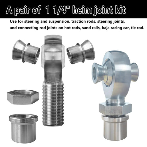 Heavy Duty One And A Quarter Chromoly Heim Joint Rod End Kit With Spacers, 12 TPI Threads, Two Pairs, Left And Right Hand Joints, High Misalignment Spacers From One Inch To Three Quarters Inch, Fits One Point Seven Five Inch OD Tubing With 0.120 Inch Wall, chromoly rod ends with spacers