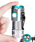 Hand holding Beefy 1100 Lumen Pocket Flashlight With 4 Modes, Clip On Handheld LED Light For Camping and Emergency, with USB cable