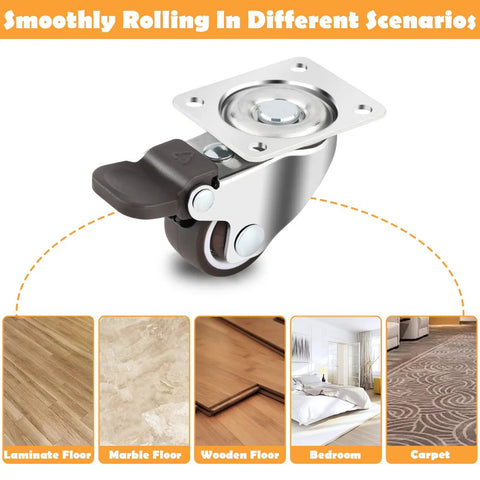 Low Profile Caster Wheels Set Of Four Heavy Duty Swivel Casters With Two Locking Brakes And Quiet Rubber Treads close-up on swivel caster