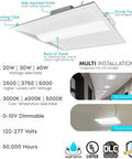 Illustration of 2x2 LED Troffer Center Basket Panel with Color Tunable 3000K 4000K 5000K, Watt Adjustable 20W 30W 40W, showing features.