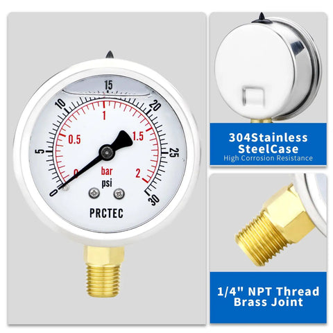 Glycerin Liquid Filled Two Point Five Inch Air Pressure Gauge With Stainless Steel Case, 304 steel and brass joint focus, IP67 waterproof