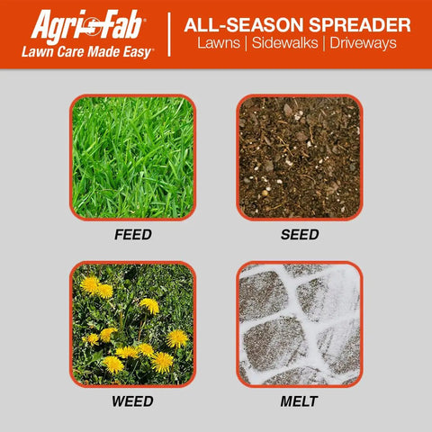Handheld Seed Spreader With One Gallon Capacity lawn, seed, weed, and ice melt coverage options illustration