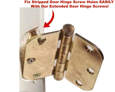 Professional Grade Tough As Nails Extra Long Satin Nickel Steel Wood Screws For Door Hinge Upgrades And Sagging Door Fixes With Knockout Security 24 Pack visible with a door hinge.