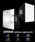 Close-up of Two Pack Softbox Lighting Kit with 16x16 panels, 63 inch tripod stand, 5400K daylight LED bulbs for photography and video.