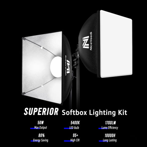 Close-up of Two Pack Softbox Lighting Kit with 16x16 panels, 63 inch tripod stand, 5400K daylight LED bulbs for photography and video.
