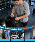 Man placing Cordless Battle Rope With Adjustable Resistance Springs For Weighted Training At Home into gym bag, showing portability.