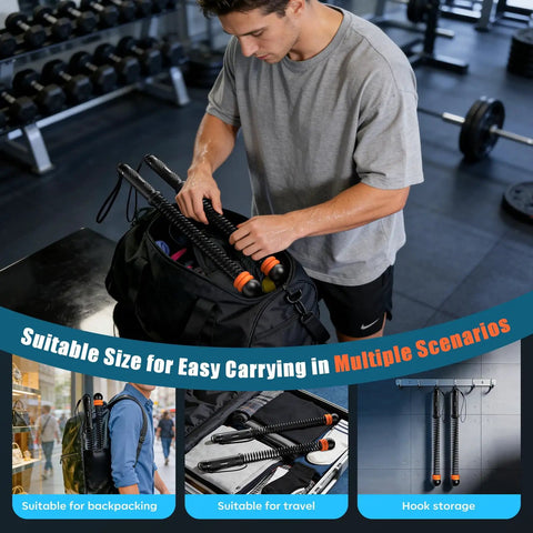 Man placing Cordless Battle Rope With Adjustable Resistance Springs For Weighted Training At Home into gym bag, showing portability.