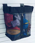 Mesh Slatwall Storage Baskets With Zipper Collapsible Hanging Organizer Set Heavy Duty Metal Frame 2 Pack For Garage And Workshop Easy Access Caddies For Small Parts And Gear, hanging on slatwall with toys inside.