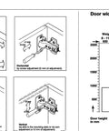 Diagram showing installation and adjustment instructions for 10 Pack Inset Frameless Soft Close Hinges With 110 Degree 3D Adjustable Clip On Concealed European Hinges With Screws For Kitchen, Bathroom, And Closet Cabinets Ideal For Modern Cabinets.
