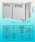 Heavy Duty Commercial Undercounter Freezer 60 Inch 14.1 Cu Ft Stainless Steel Led Lights Dual Doors ETL Certified with dimensions.
