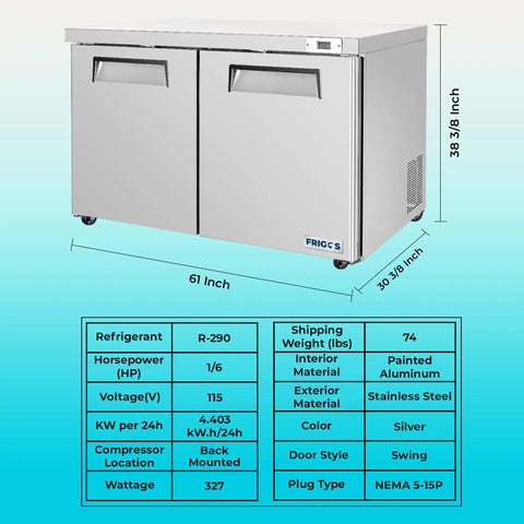 Heavy Duty Commercial Undercounter Freezer 60 Inch 14.1 Cu Ft Stainless Steel Led Lights Dual Doors ETL Certified with dimensions.