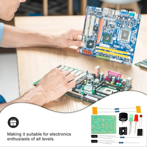 Person assembling circuit board with Dope Dual 555 Timer Circuit Kit for Electronics Training and DIY Projects visible.