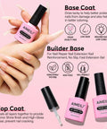 Close-up of Builder Gel Nail Kit Dope With Base Coat And No Wipe Top Coat 3 Pack 10ml Each with pink bottles