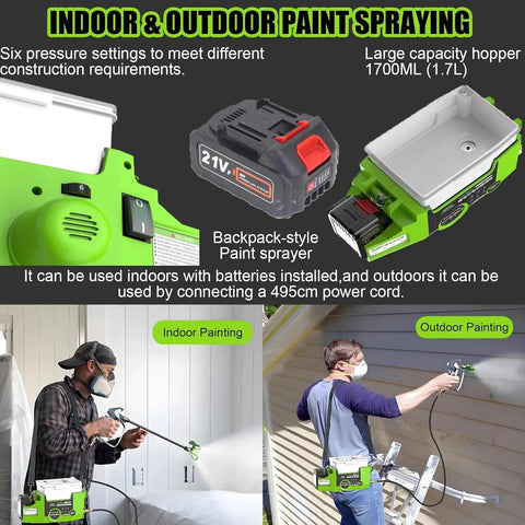 Cordless Airless Paint Sprayer With Roomy 1.7 Liter Tank Wireless Spray Gun For No Fuss Home Interior Exterior Fence Furniture And Ceiling Weekend Refreshers used for indoor and outdoor painting, featuring a 1700ml hopper.