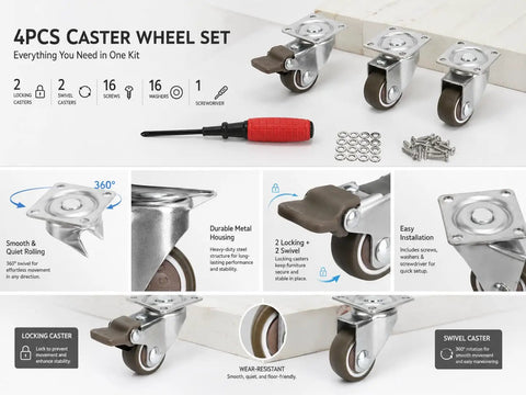 4 Pack Small 1 Inch Tpe Caster Wheels Featuring Rock Solid Plate Mount Design And Smooth Quiet 360 Swivel Action For Furniture Carts And Workbenches You Gonna Love set including screws and tools.