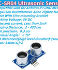 Five Pack HCSR04 Ultrasonic Sensor Module for Arduino R3 Uno Mega XBee Nano Robot with specs and features displayed.
