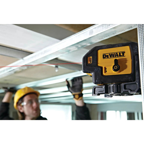 Professional Grade Self Leveling Laser Level Built Tough For The Jobsite Straight Shooting Five Beams Cross Line Layout Tool in use overhead.