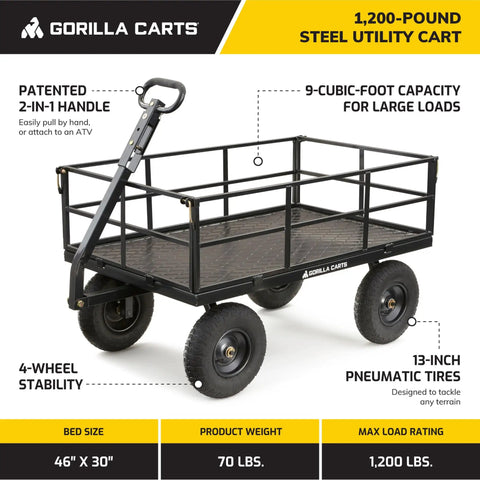 Heavy Duty Steel Utility Cart With 9 Cu Ft Bed And 1200 Lb Capacity Towable Outdoor Hauling Wagon With Removable Side Panels
