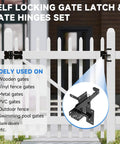 Pro Grade Self Closing Gate Hardware Kit With Heavy Duty Hinges And Latch For Wooden Vinyl PVC Fence Gates on white fence