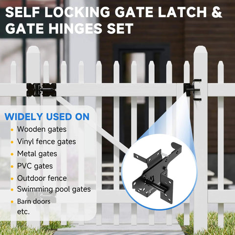 Pro Grade Self Closing Gate Hardware Kit With Heavy Duty Hinges And Latch For Wooden Vinyl PVC Fence Gates on white fence