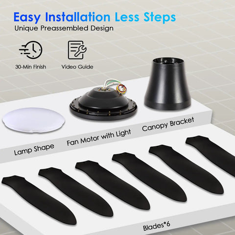 51 Inch Black Modern Ceiling Fan With Lights Remote App Control Quiet DC Motor Dimmable LED assembly parts display