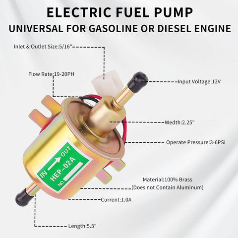 Universal 12V Inline Electric Fuel Pump Low Pressure 2.5 To 4 PSI For Gasoline Or Diesel Engines With Metal Construction