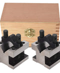 Top Notch Pro Grade V Block With Clamp Set, Hardened Steel 58-60 HRC, 90 Degree V Block Pair For Precision Machining, 2-3/8 x 2-3/8 x 2 Inches, Multi Use Gauge, Precise 0.0002 Tolerance, Wooden Case, pair with clamps in wooden case