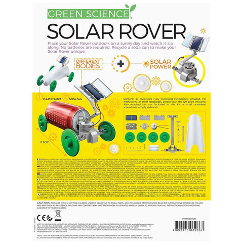 Green Solar Rover Kit For Kids DIY STEAM Science Project To Build Your Own Solar Powered Rover From A Recycled Can Ages Five And Up Hands On Learning Toy For Boys And Girls. Box back showing solar rover parts, can body, and assembly steps