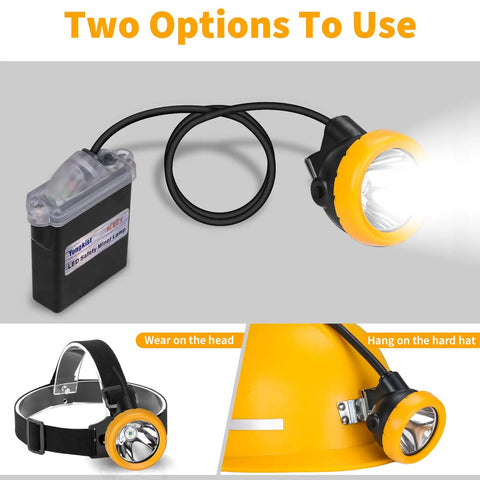 Hard Hat Mining Headlamp With Battery Pack, Dual LED Illumination 1 Main LED And 2 Auxiliary LEDs, Rechargeable, Waterproof, Explosion Proof Cap Lamp For Mining Tunneling Outdoor Work Sites