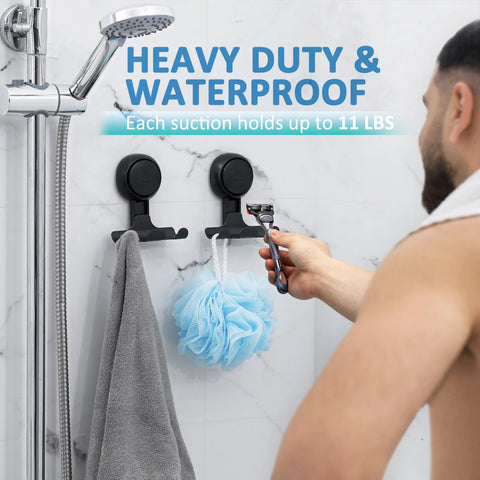 Man using 2 Pack Suction Cup Shower Razor And Bathroom Accessory Holder For Towel Loofah And Shaver Easy No Drill Mount Reusable Strong Wall Hooks in shower